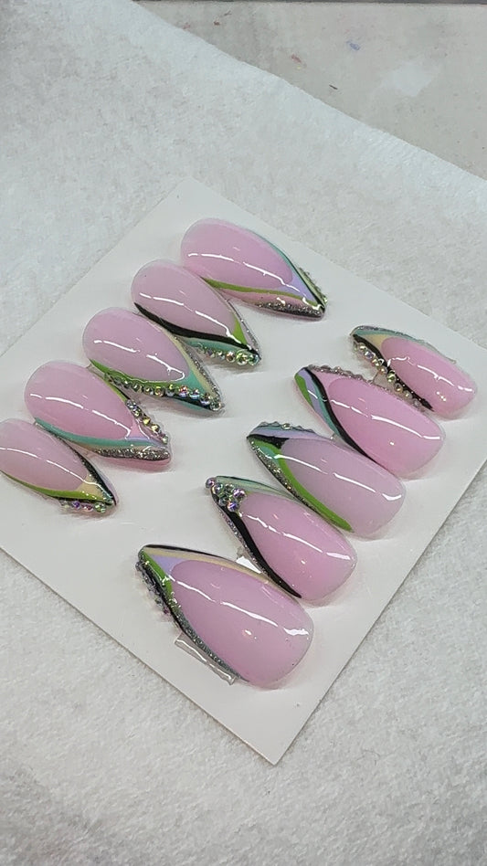 Pastel Prism Luxe Press-On Nails | Handmade Glossy Almond Nails with Rhinestones